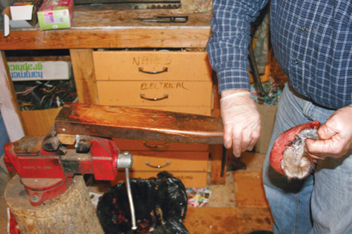 Home made "fleshing"  beam mounted in vise